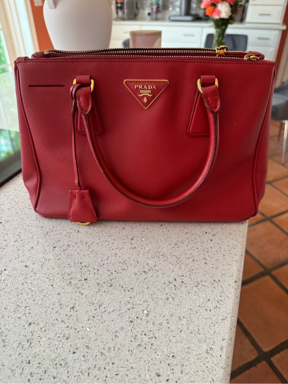 Prada Red Saffiano Leather Double-Zip tote with Gold Hardware authentic